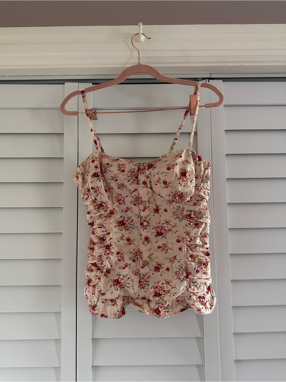 VTG Y2K Deb Floral Ruched Bustier Camisole in Cream with Pink Roses